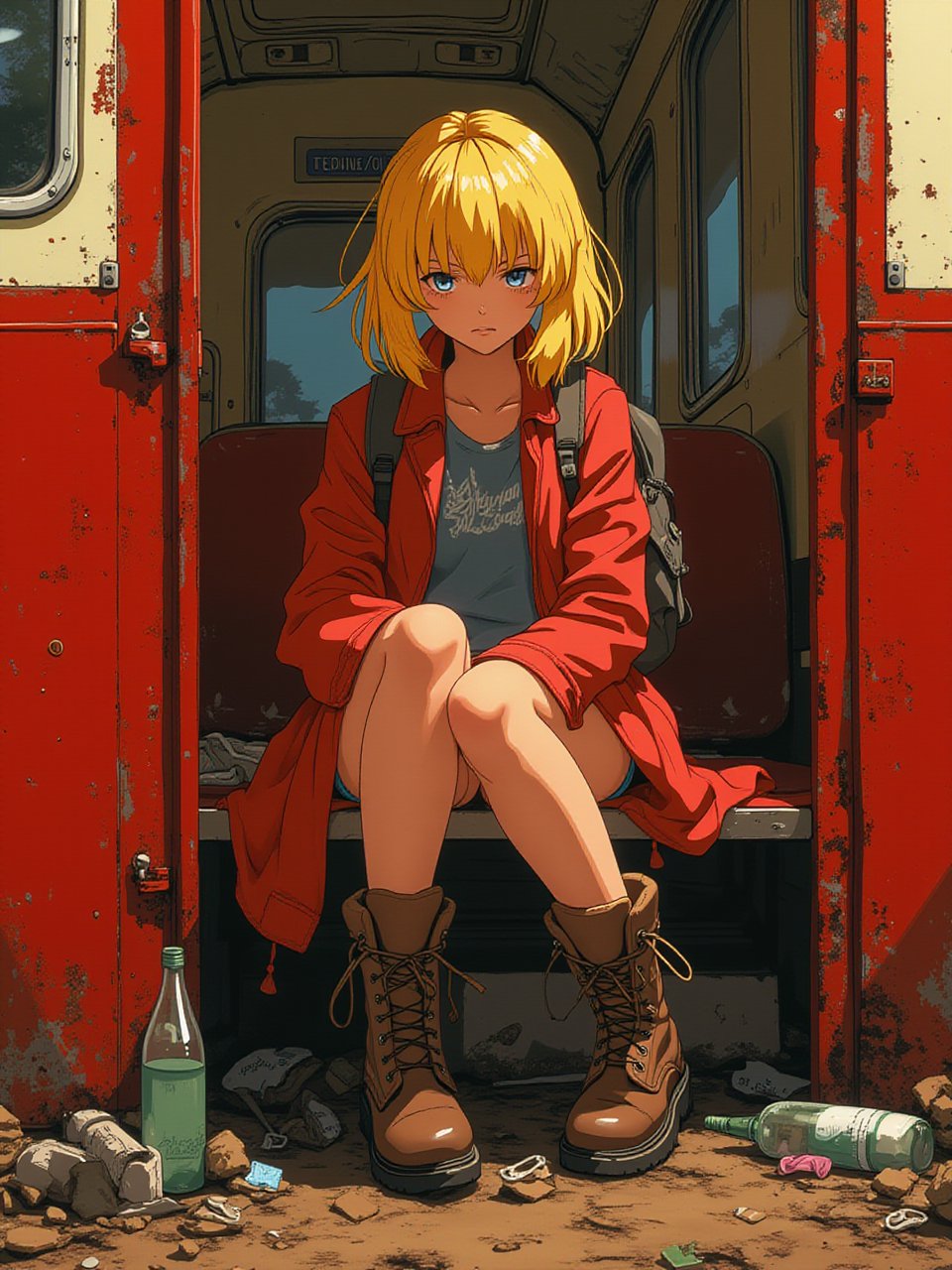 Anime style art by J.C. Leyendecker. Photo Close up of a blonde girl, sitting on train, red interior, rust, garbage on the floor, broken bottles.  She wear a backpack and hicking boots.