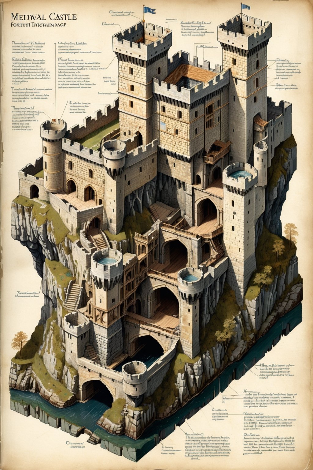 (Isometric Cutaway:1)  page from textbook with isometric cutaway view of medieval castle, cross-section view, labeled parts,  detailed technical drawing, text description, stone walls with windows, fortified towers with wooden parts, mechanical bascule bridge, water ditch, vegetation,