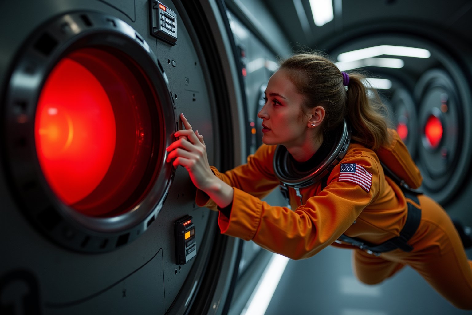 A female astronaut, dressed in a vibrant orange spacesuit, is carefully re-enacting the iconic scene from 2001: A Space Odyssey where David Bowman deactivates HAL 9000. Floating weightless Inside a sleek, futuristic spacecraft, she methodically removes the components of the HAL 9000 interface, one piece at a time. The setting is tense and sterile, with dim lighting reflecting off the metallic surfaces, capturing the eerie, unsettling atmosphere of the original scene. The astronaut’s expression is focused and determined, echoing the intensity of the moment as she disconnects each part of HAL’s circuitry. The red glow of HAL's eye slowly fades as the scene unfolds, highlighting the dramatic tension between human and machine.