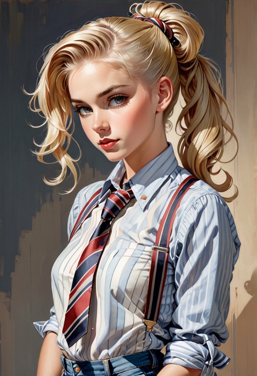 Photo of  tomboyish blonde. art by J.C. Leyendecker, Canon 5d Mark 4, Kodak Ektar, Her hair is tied in a ponytail. She's wearing a striped shirt,  with the sleeves rolled up,  and a necktie. She's also wearing jeans with suspenders