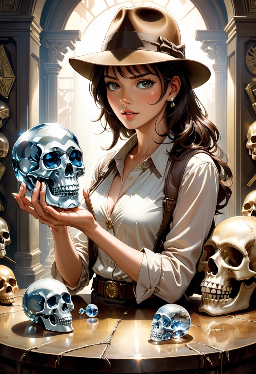 Anime Artwork. Woman dressed as Indiana Jones,  with fedora hat, holding crystal skull. Art by Makoto Shinkai, art by J.C. Leyendecker, Canon 5d Mark 4, Kodak Ektar