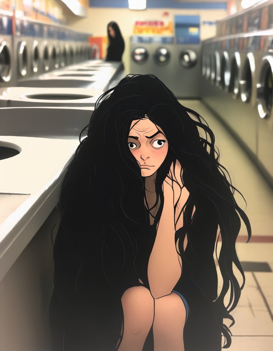 Woman, long black hair, bored, waiting at a laundromat