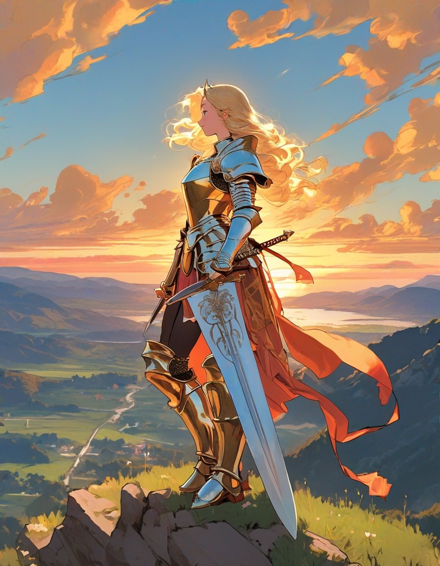 Young woman in medieval metal armor, lifting a sword toward the sky, near a faraway castle at sunset. overlooking a valley, art by J.C. Leyendecker. Anime artwork, anime style, key visual, vibrant, studio anime,  highly detailed