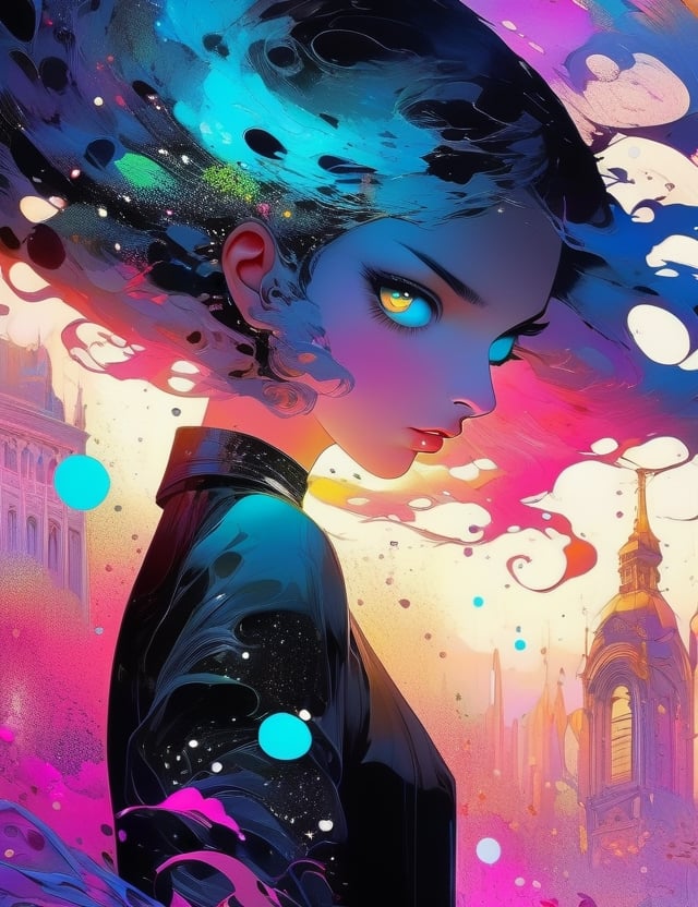 anime drawing art, in the style of crisp neo-pop illustrations, swirling colors, bold and colorful portraits, uhd image, futuristic victorian, splattered/dripped, realistic hyper-detail , Mysterious