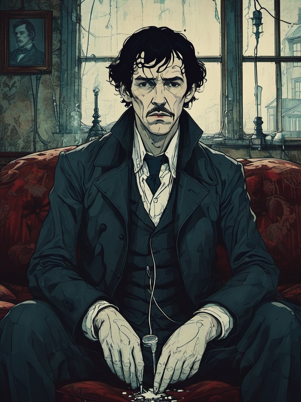 Closeup of a Sherlock Holmes, a bored Victorian, sitting on a sofa, injecting cocaine with a needle.