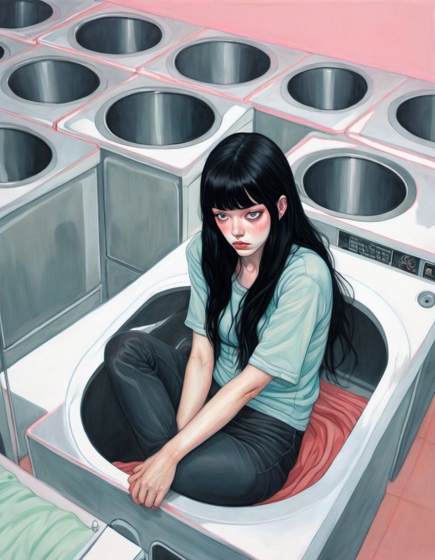 Woman, long black hair, bored, waiting at a laundromat, overhead shot, art by Junji Ito, art by Martine Johanna