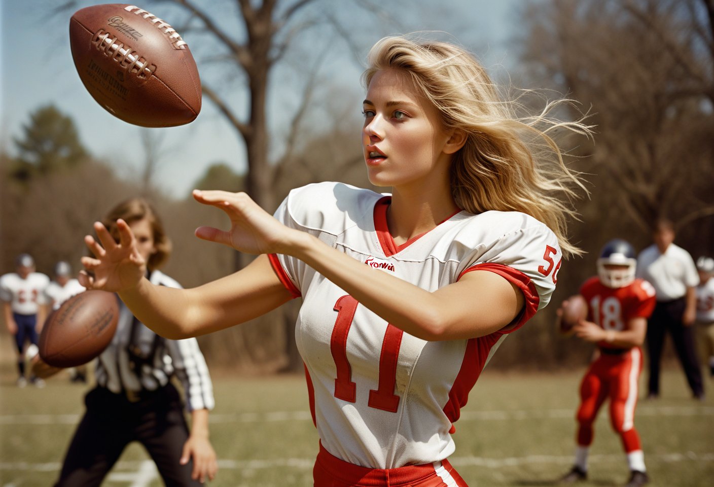 Photo, Closeup blonde female quarterback throwing a football, midrift. Canon 5d mark 4, Kodak ektar, style by J.C. Leyendecker