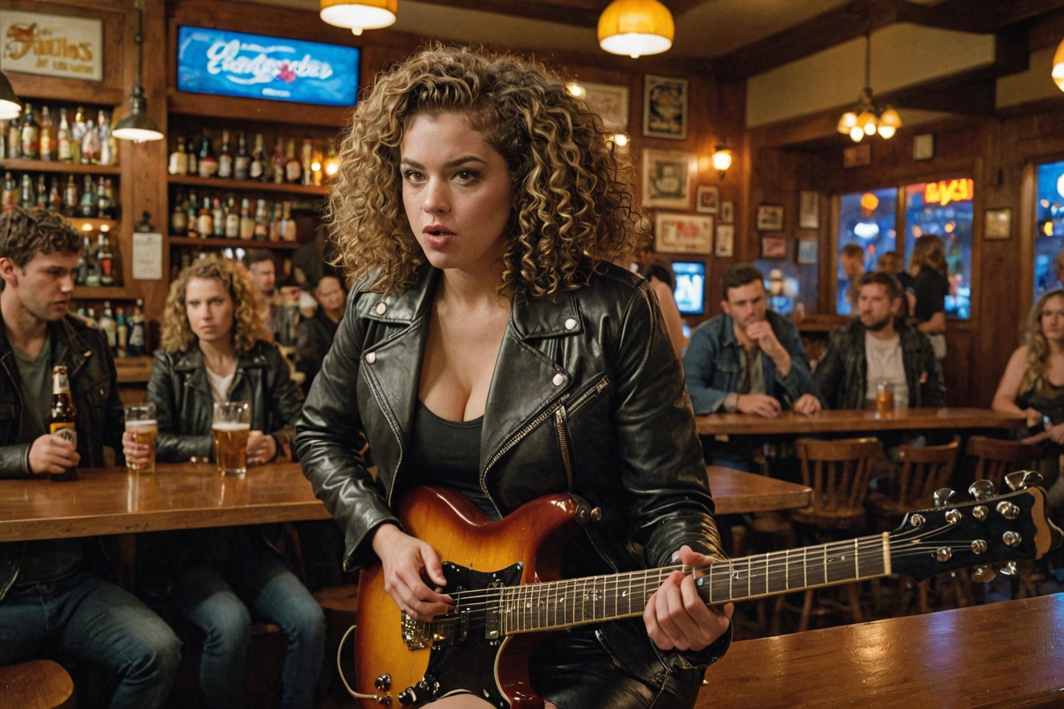 Prompt: Dutch Angle. Closeup Photo of a caucasian woman with curly hair, leather jacket and mini skirt playing guitar in a bar. Background is a fat man drinking beer. Style by J.C. Leyendecker. Canon 5d Mark 4, Kodak Ektar, 35mm 