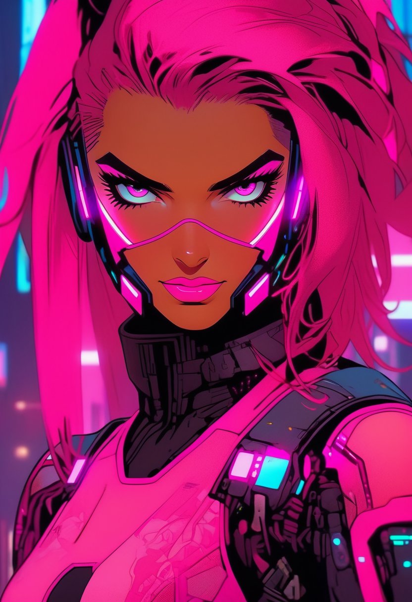 Portrait of A gorgeous young European woman in pink cyberpunk suit