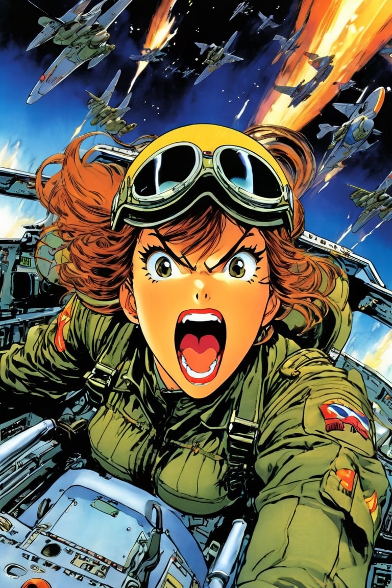 Anime Network, Female pilot, screaming, inside cockpit, ww2, art by Masamune Shirow. Anime style, key visual, vibrant, studio anime