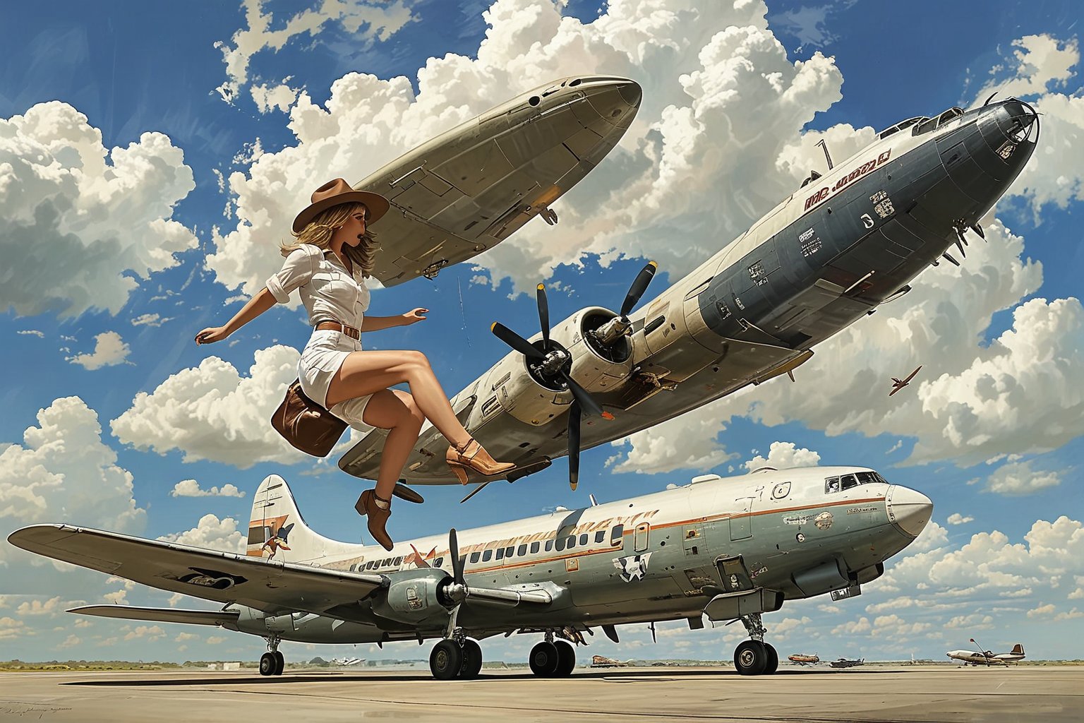 A cowgirl in white short shorts and fedora, riding a massive nuclear bomb as it is being dropped from a vintage bomber plane. 