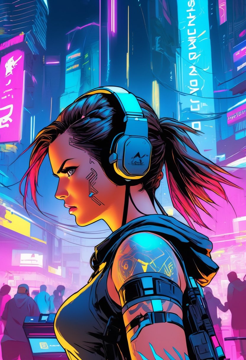 Anime artwork, Lara Croft,  wearing VR helmet,  hacking on a computer. cyberpunk 2077 cityscape, anime style, key visual, vibrant, studio anime, highly detailed