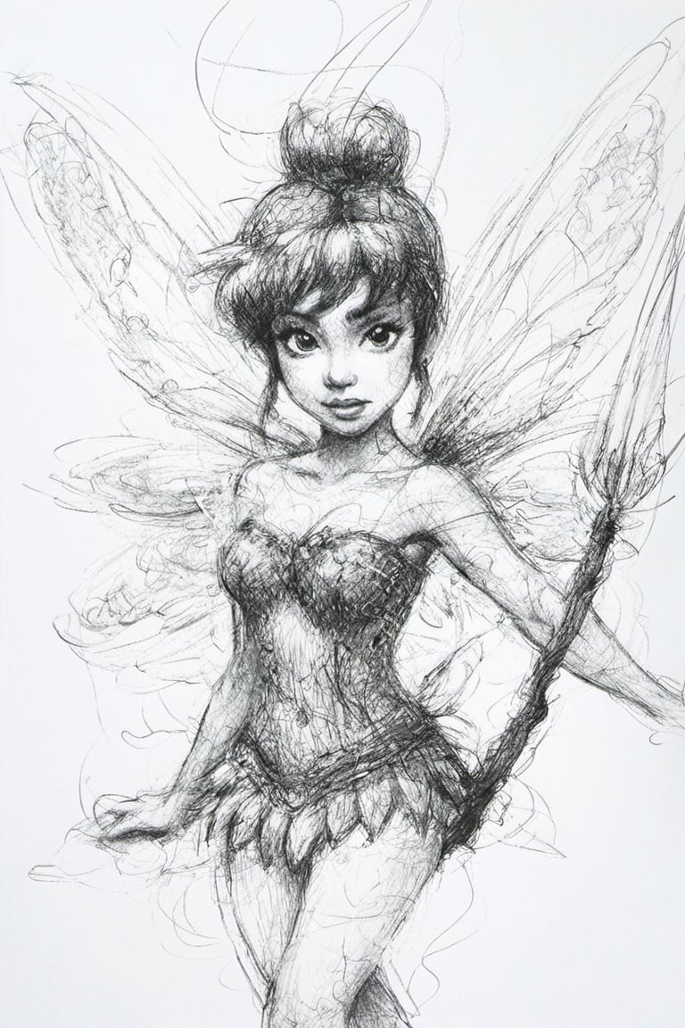 Disney Tinkerbell, anime style, black and white drawing