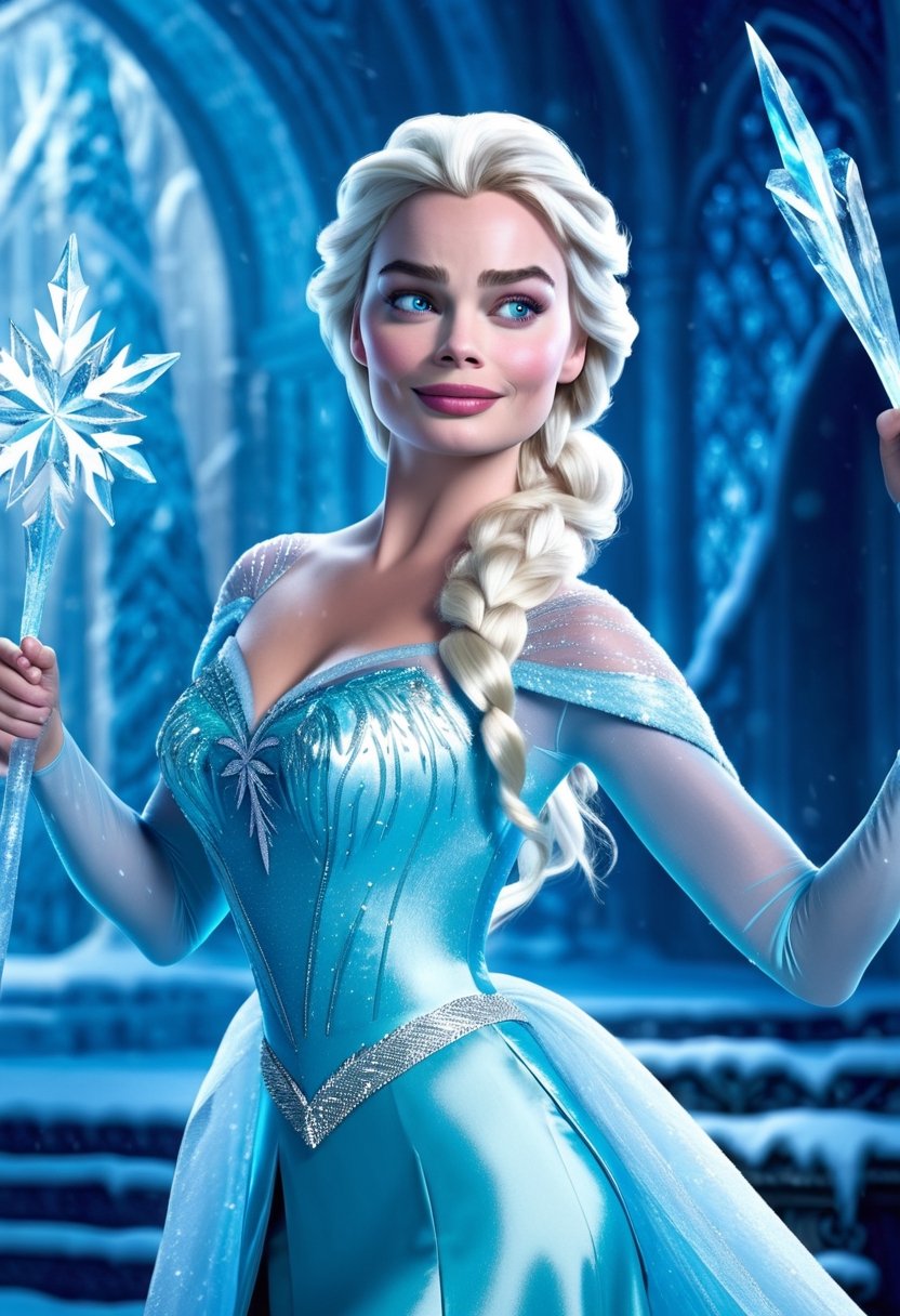 Cinematic movie still of Margot Robbie as Elsa from Frozen movie,