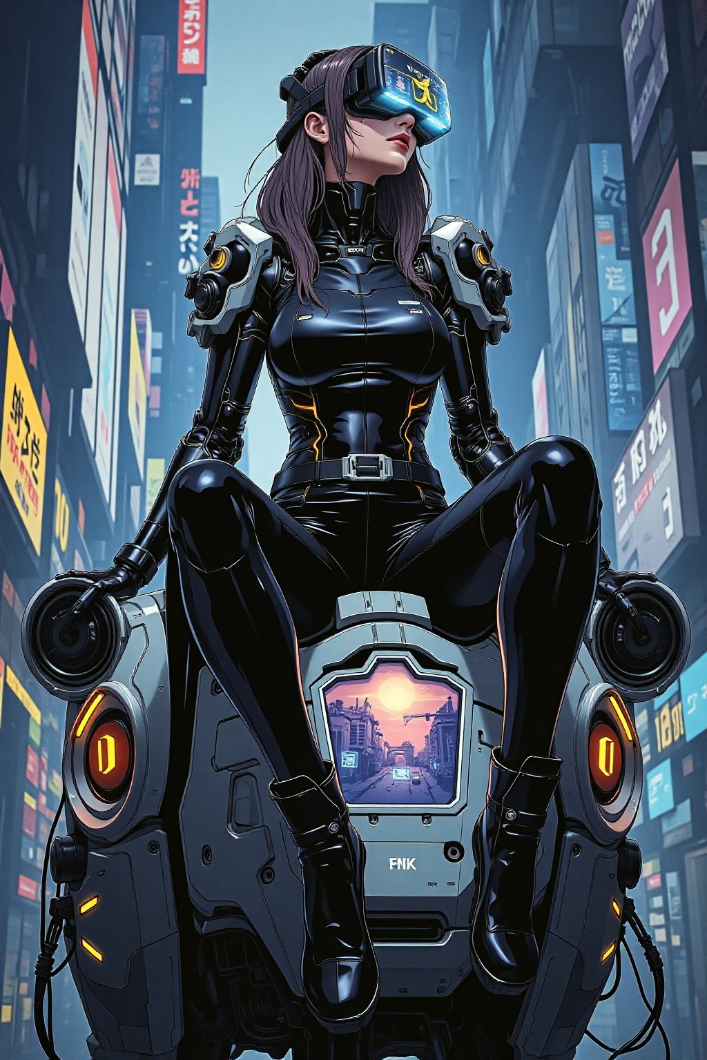 A futuristic scene depicting a woman dressed in black leather, confidently sitting atop an open Powersuit in the style of renowned artist Masamune Shirow. The Powersuit, with its sleek and metallic design, features large shoulder pads, intricate details, and glowing lights. The woman wears a VR headset with a futuristic holographic display, showcasing a digital landscape. The overall ambiance is a seamless blend of cyberpunk and technology, with a touch of virtual reality.