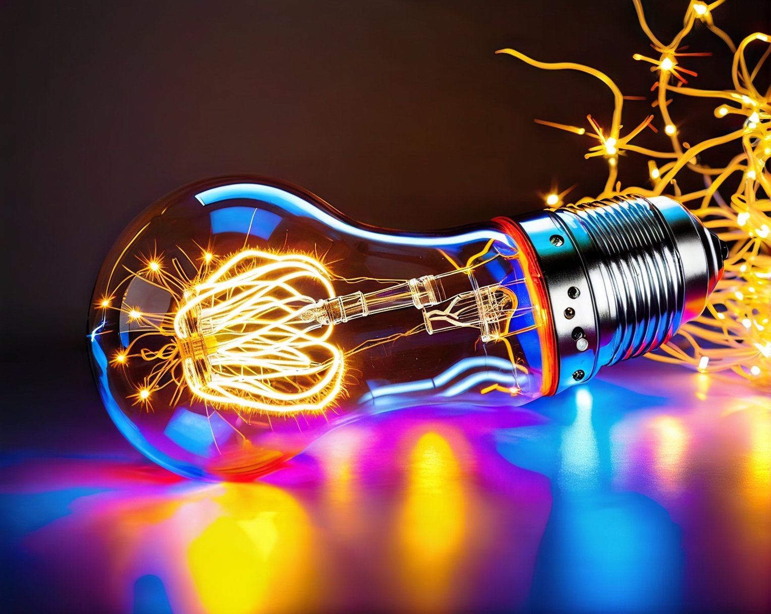 Lightbulb on shiny, reflective suprface, led filament,  vibrant color, glowing electrical sparks, shiny,3l3ctronics