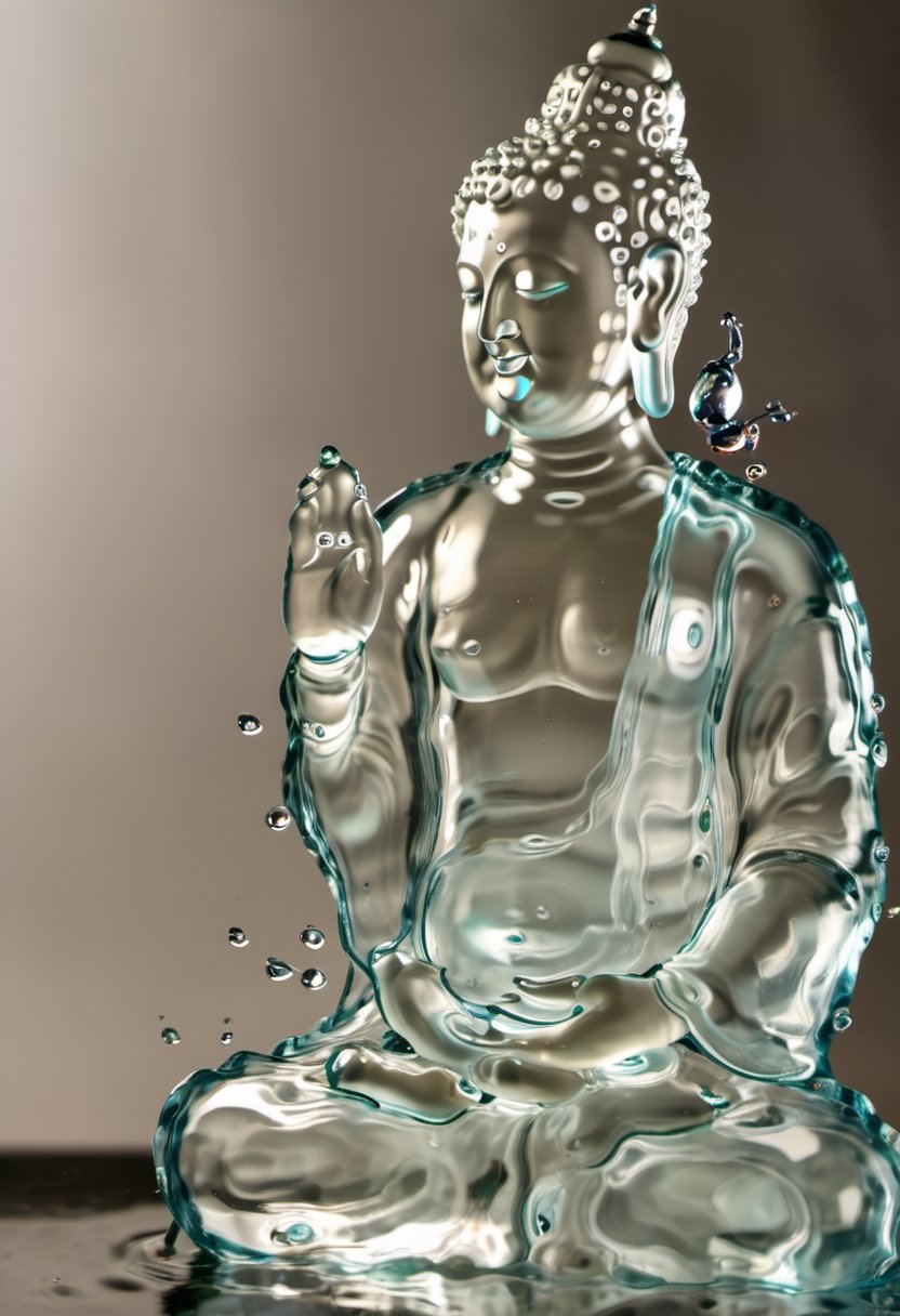 Photo of a glass status of buddah made of water sleeping 