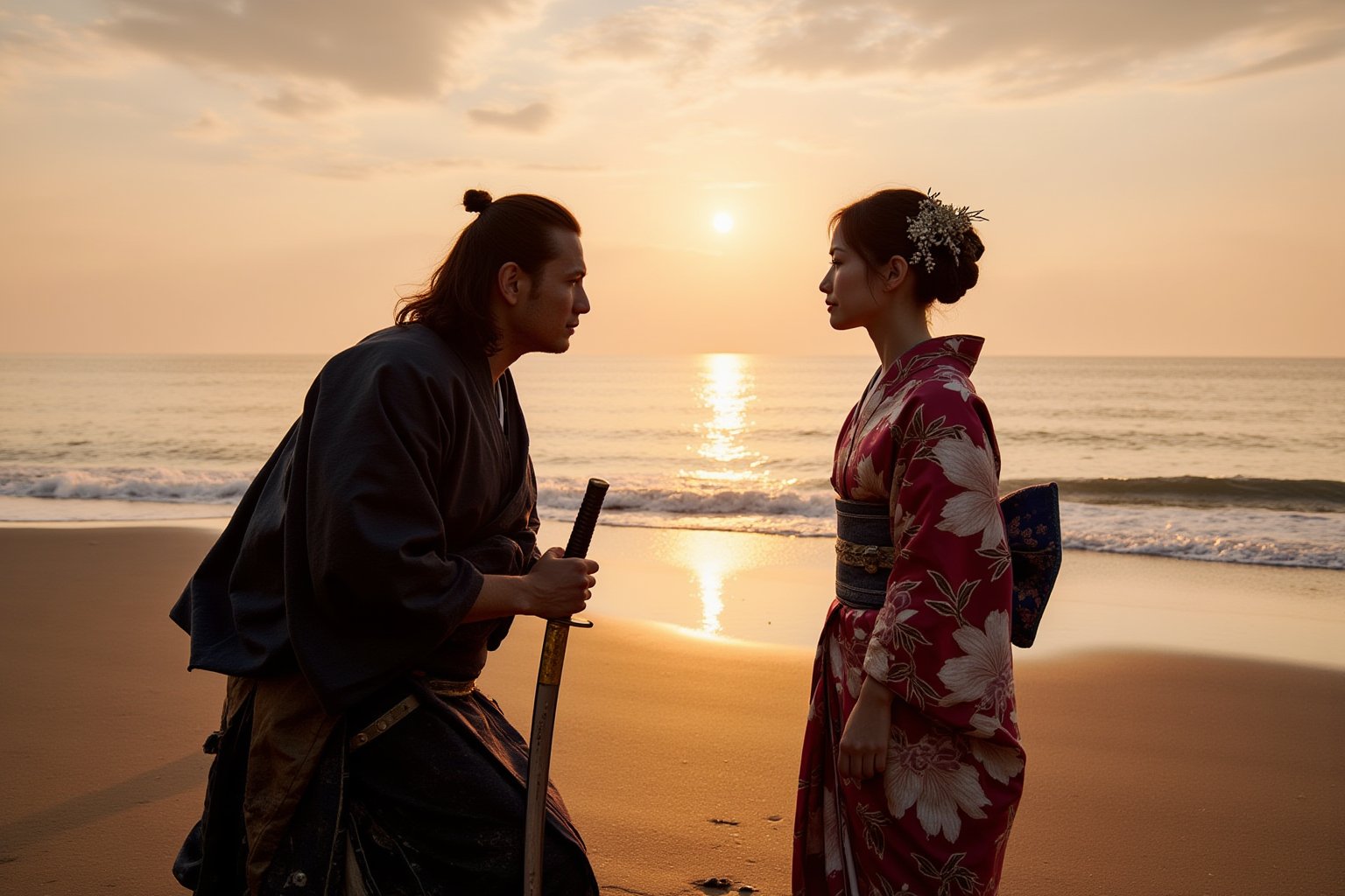 Photography. A deeply emotional and dramatic scene between a ronin and his girlfriend at a seaside, set during their final goodbye. The ronin, dressed in worn-out traditional samurai robes, stands solemnly with his hand resting on the hilt of his katana. His girlfriend, wearing a flowing kimono, stands far apart from him, her expression filled with sorrow and longing. They are gazing intensely at each other, the distance between them symbolizing the emotional rift as they say their farewells. The backdrop is a serene, yet melancholic, seaside with waves gently lapping at the shore, and the setting sun casting long shadows and a golden glow over the scene. The sky is painted with hues of orange and pink, adding to the bittersweet atmosphere. The overall composition captures the profound emotion of separation and unspoken love.,