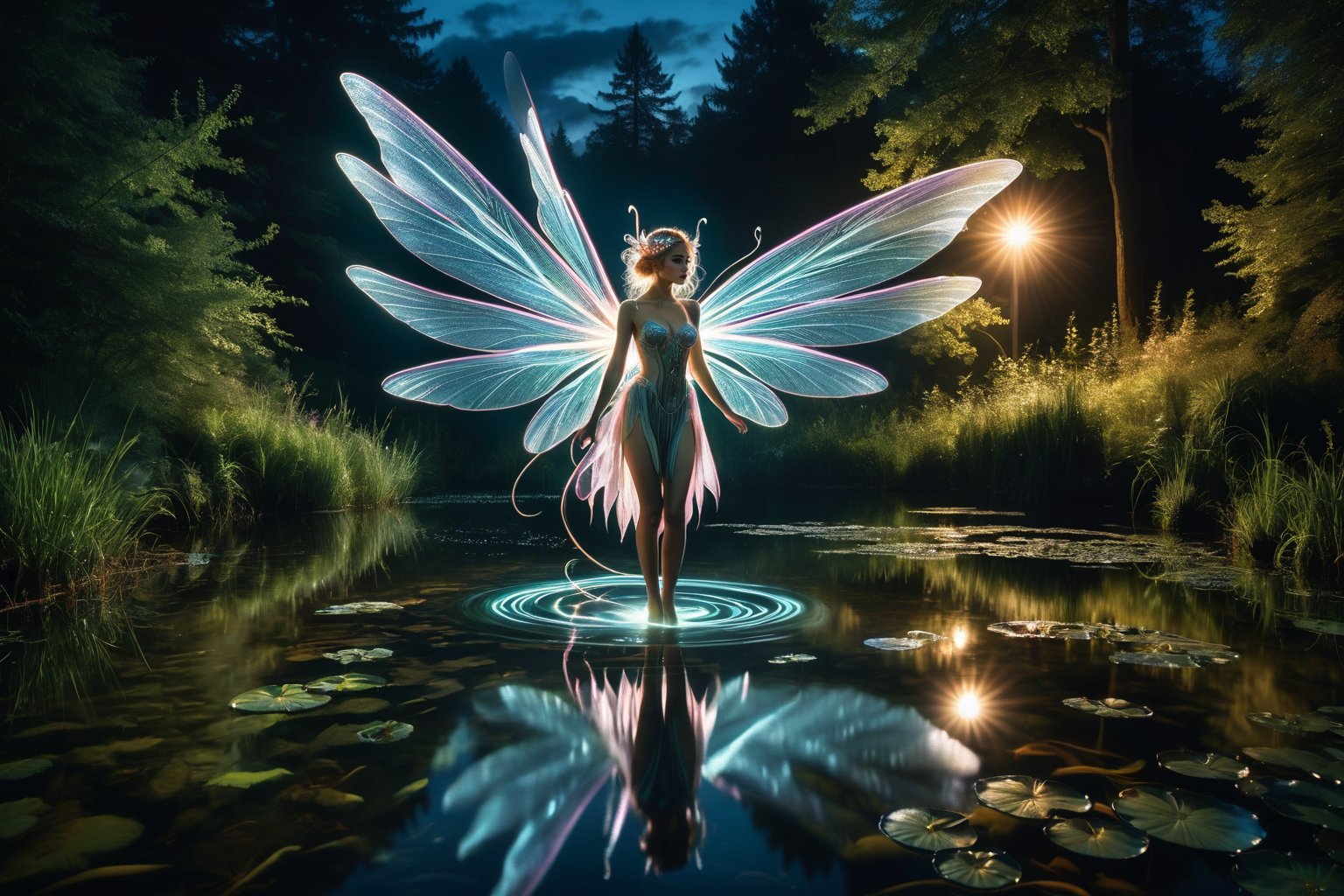 Close-up Photo of a water fairy gliding over a pond, reflections in the water, night scene. ral-exposure, in the style of double exposure, neon art nouveau, long exposure, wimmelbilder, layered lines, neonpunk, chiaroscuro, best quality, masterpiece, highres, absurdres, incredibly absurdres, huge filesize, wallpaper, colorful,8K,RAW, Style by J.C. Leyendecker. Canon 5d Mark 4, Kodak Ektar, 35mm,Long_Exposure 