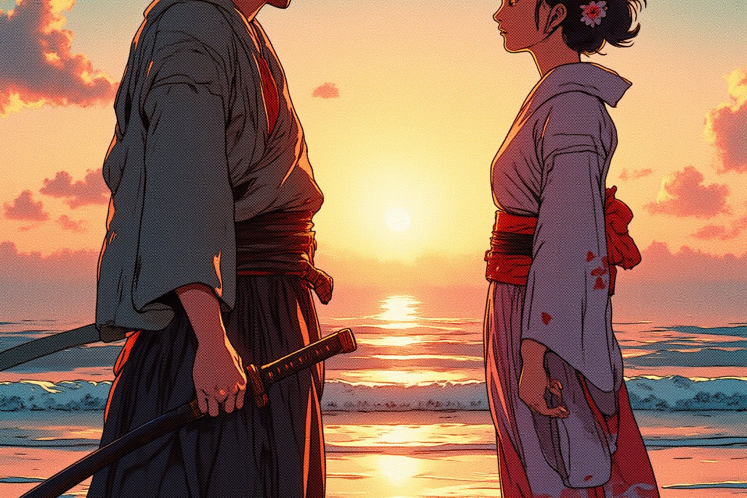 Illustrate a deeply emotional and dramatic scene between a ronin and his girlfriend at a seaside, set during their final goodbye. The ronin, dressed in worn-out traditional samurai robes, stands solemnly with his hand resting on the hilt of his katana. His girlfriend, wearing a flowing kimono, stands far apart from him, her expression filled with sorrow and longing. They are gazing intensely at each other, the distance between them symbolizing the emotional rift as they say their farewells. The backdrop is a serene, yet melancholic, seaside with waves gently lapping at the shore, and the setting sun casting long shadows and a golden glow over the scene. The sky is painted with hues of orange and pink, adding to the bittersweet atmosphere. The overall composition captures the profound emotion of separation and unspoken love.