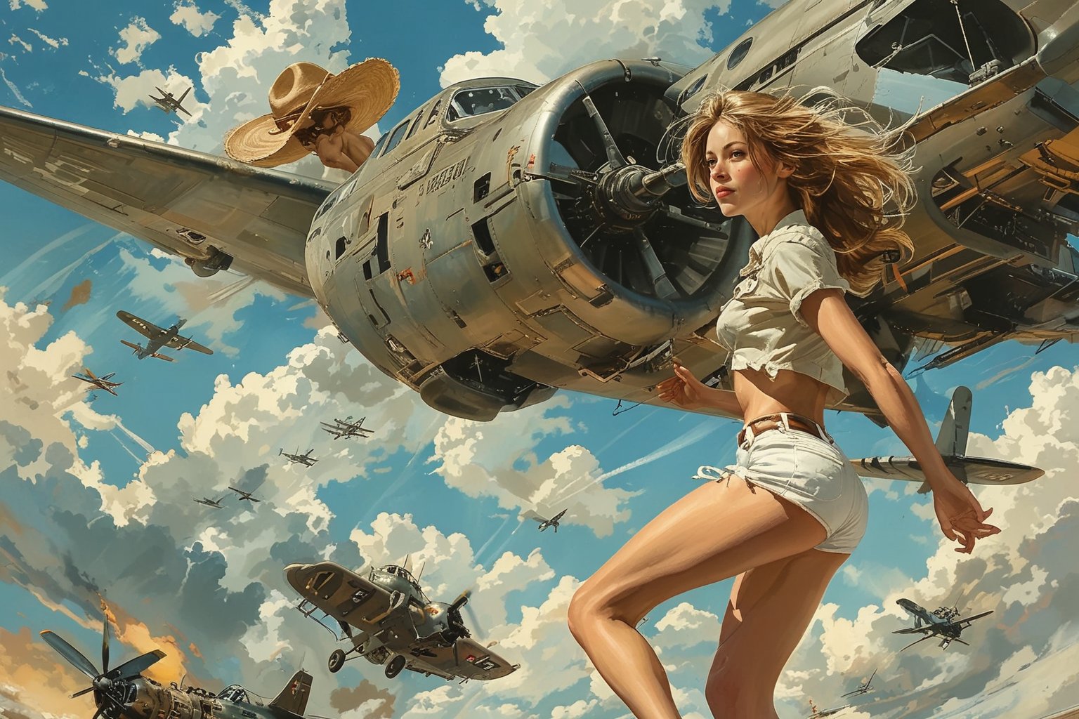 A cowgirl in white short shorts and fedora, riding a massive nuclear bomb as it is being dropped from a vintage bomber plane. The cowgirl holds onto the bomb with a determined expression, her hair flowing in the wind. The bomber plane is shown in the background, with its engines roaring and propellers spinning. 