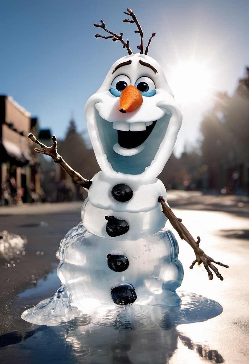 Photo of a Olaf from Disney frozen movie made with water, half melted into a puddle of water under the bright sun