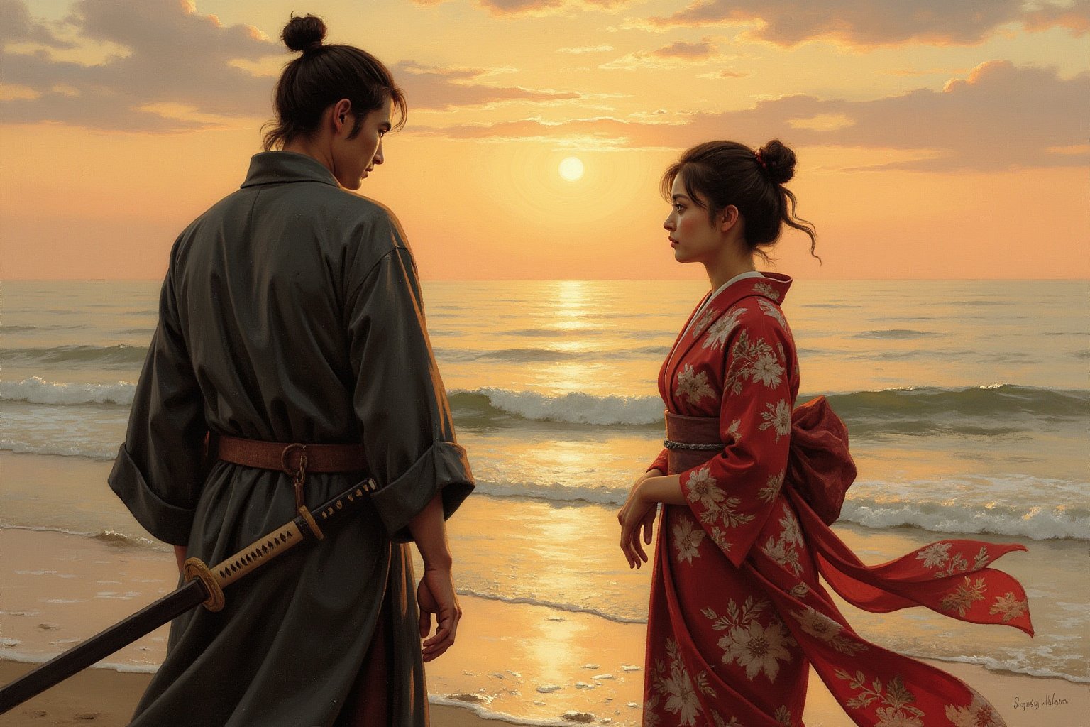 oil painting. A deeply emotional and dramatic scene between a ronin and his girlfriend at a seaside, set during their final goodbye. The ronin, dressed in worn-out traditional samurai robes, stands solemnly with his hand resting on the hilt of his katana. His girlfriend, wearing a flowing kimono, stands far apart from him, her expression filled with sorrow and longing. They are gazing intensely at each other, the distance between them symbolizing the emotional rift as they say their farewells. The backdrop is a serene, yet melancholic, seaside with waves gently lapping at the shore, and the setting sun casting long shadows and a golden glow over the scene. The sky is painted with hues of orange and pink, adding to the bittersweet atmosphere. The overall composition captures the profound emotion of separation and unspoken love.