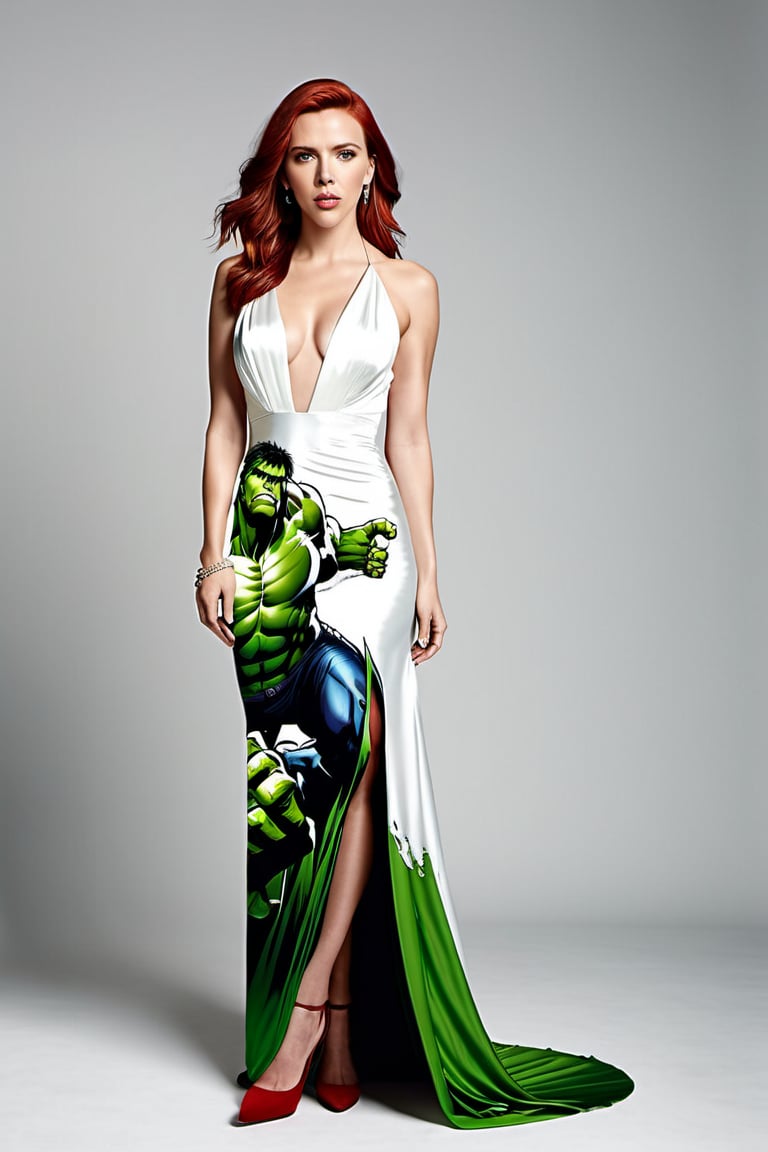 (Scarlett Johansson, wearing straight floor length dress made of a digital painting of The Incredible Hulk printed on silk) white background, red hair