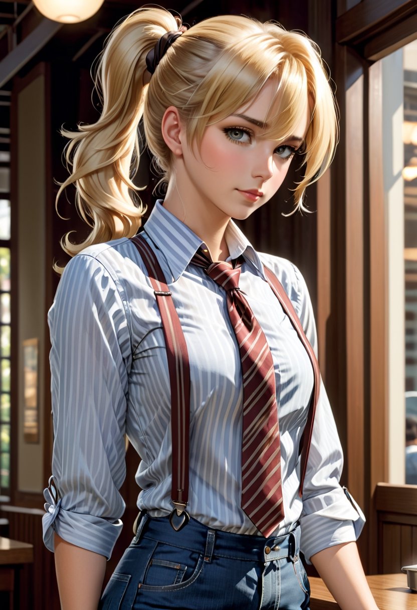 Photo of  tomboyish blonde. Her hair is tied in a ponytail. She's wearing a striped shirt,  with the sleeves rolled up,  and a necktie. She's also wearing jeans with suspenders. art by Makoto Shinkai,  art by J.C. Leyendecker