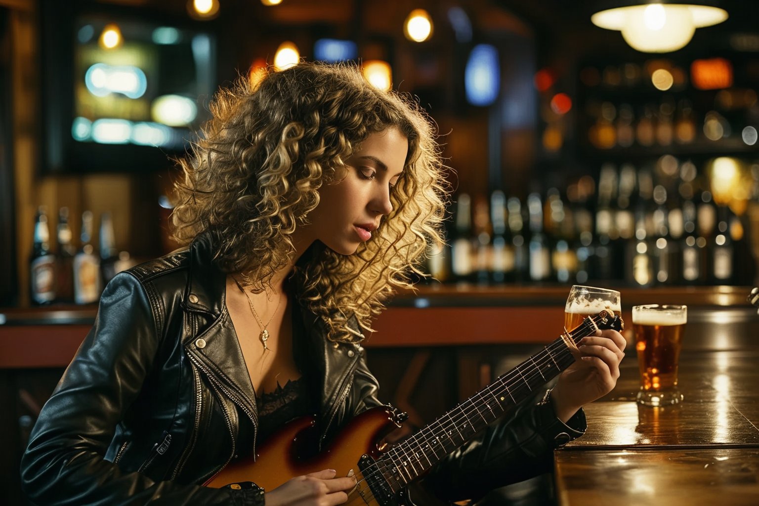  Dutch Angle. Closeup Photo of a caucasian woman with curly hair, leather jacket and mini skirt playing guitar in a bar. Background is a fat man drinking beer. Style by J.C. Leyendecker. Canon 5d Mark 4, Kodak Ektar, 35mm 