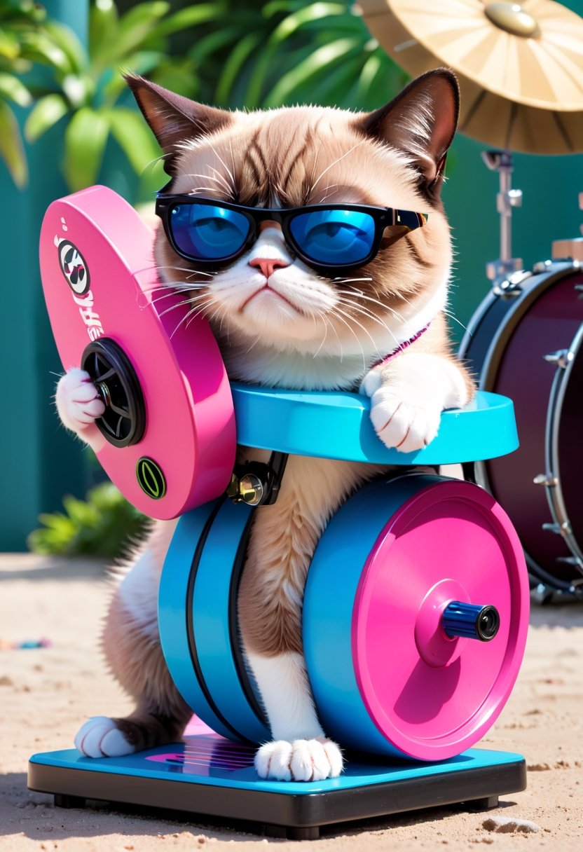 Grumpy Cat as pink mechanical toy wearing sunglasses and blue and black striped flip-flops that beats a bass drum bearing the Energizer logo.