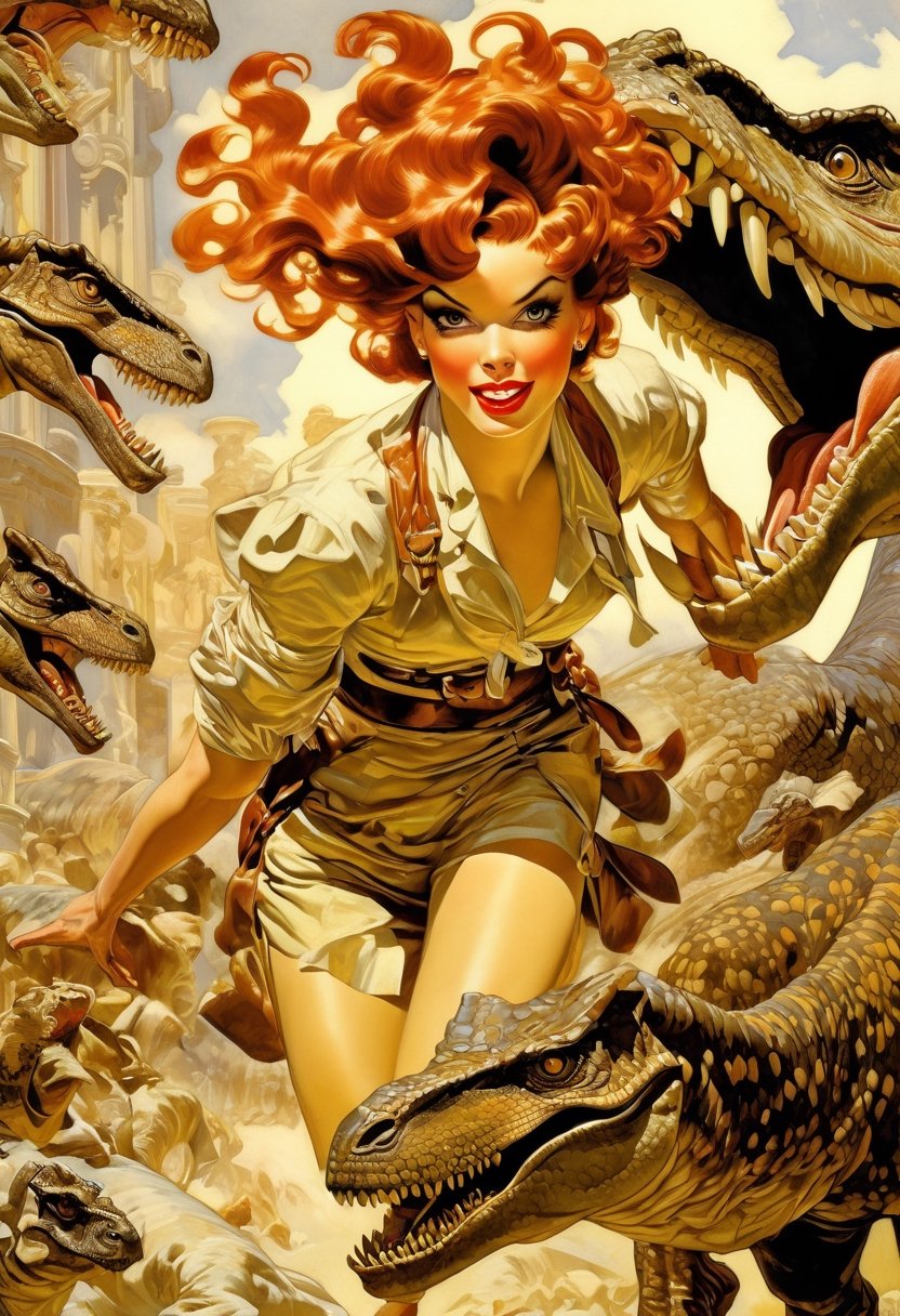 Anime Artwork, Wilma from the Flitstones walking dino, art by J.C. Leyendecker