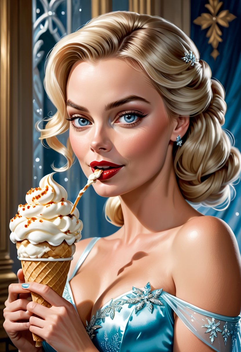 Photo of Margot Robbie, as Elsa from Frozen movie, eaten ice cream. art by J.C. Leyendecker, Canon 5d Mark 4, Kodak Ektar