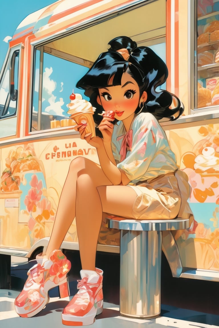 Asian woman, black straight hair, bored expression,sitting beside an icecream truck, art by J.C. Leyendecker . anime style, key visual, vibrant, studio anime