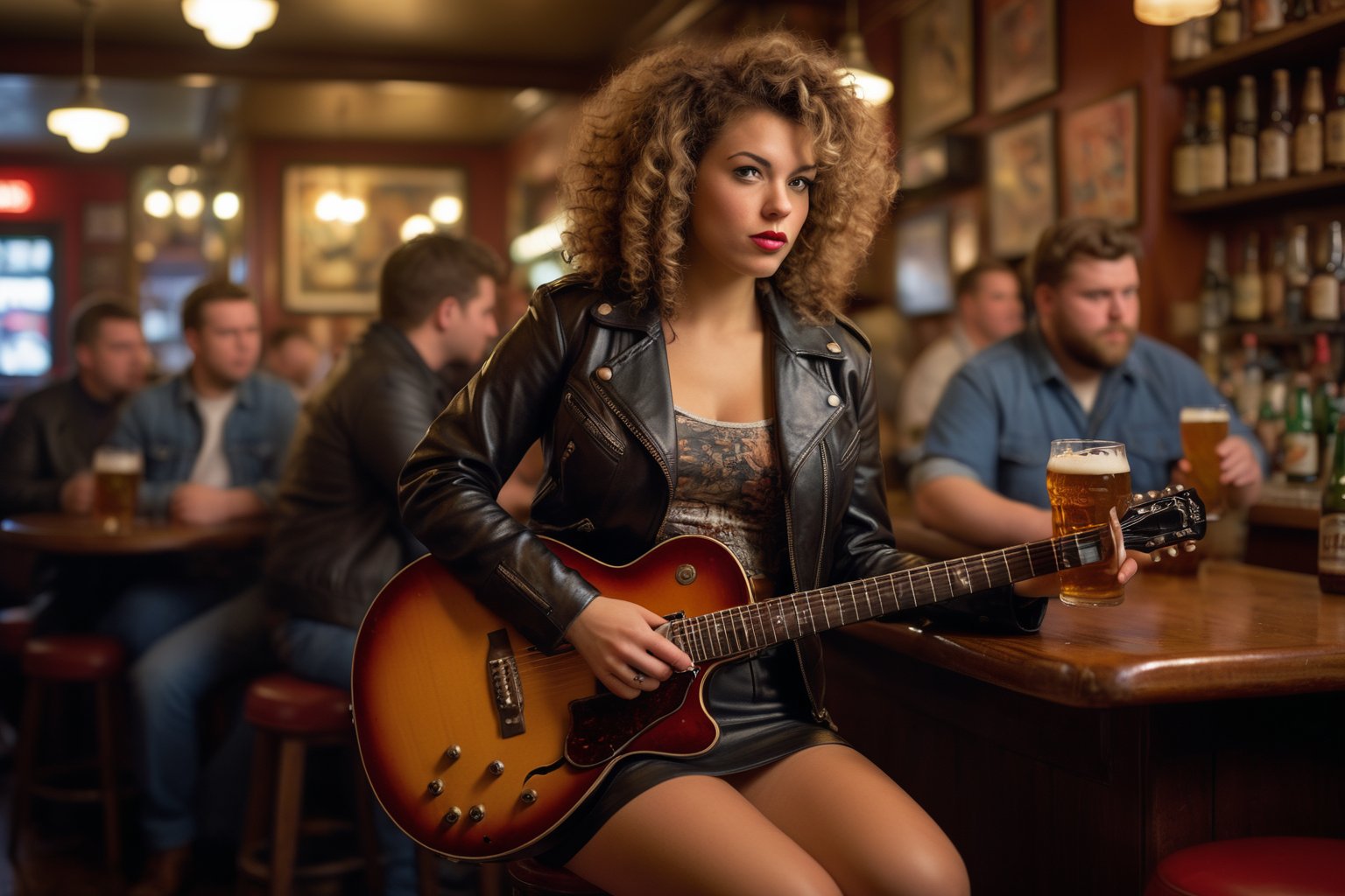 Dutch Angle. Closeup Photo of a caucasian woman with curly hair, leather jacket and mini skirt playing guitar in a bar. Background is a fat man drinking beer. Style by J.C. Leyendecker. Canon 5d Mark 4, Kodak Ektar, 35mm 