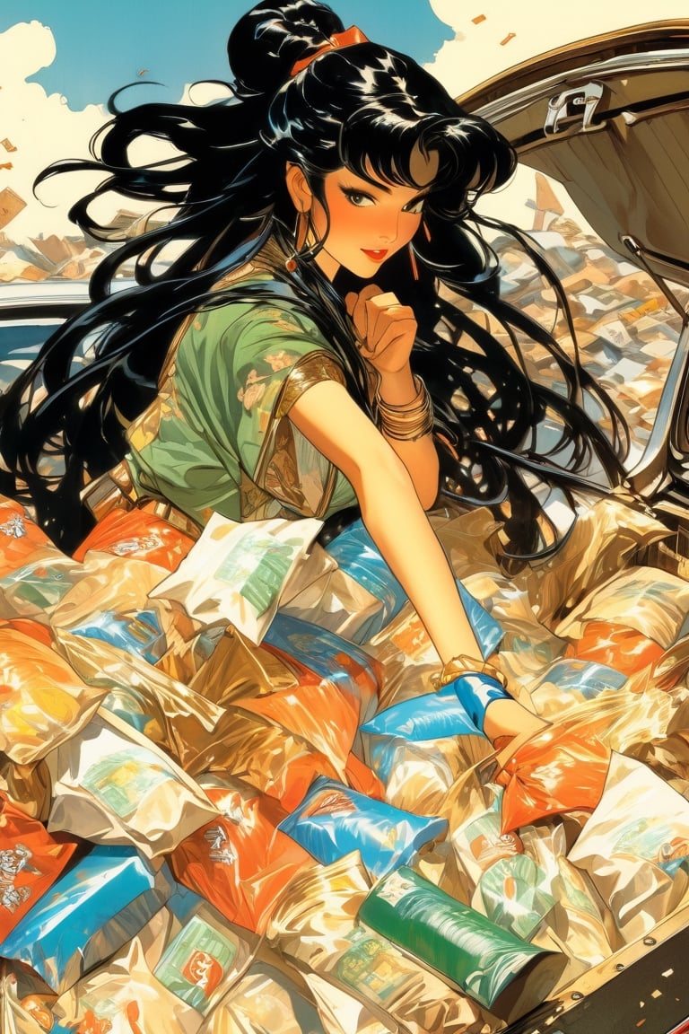 anime artwork, open trunk of a car, filled with trash, Asian Woman, long black hair, art by J.C. Leyendecker, anime style, key visual, vibrant, studio anime, highly detailed