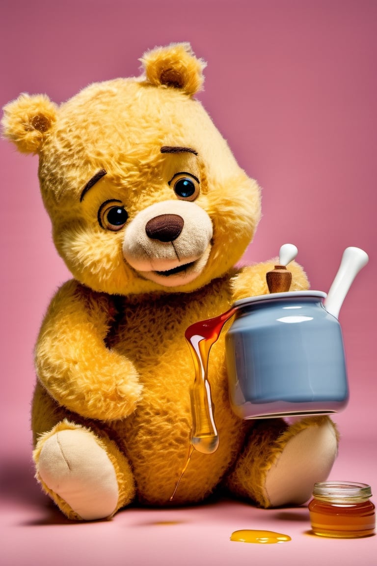 Photo of a teddy bear, Winnie the poo, holding a pot of honey, w00len, raw photo