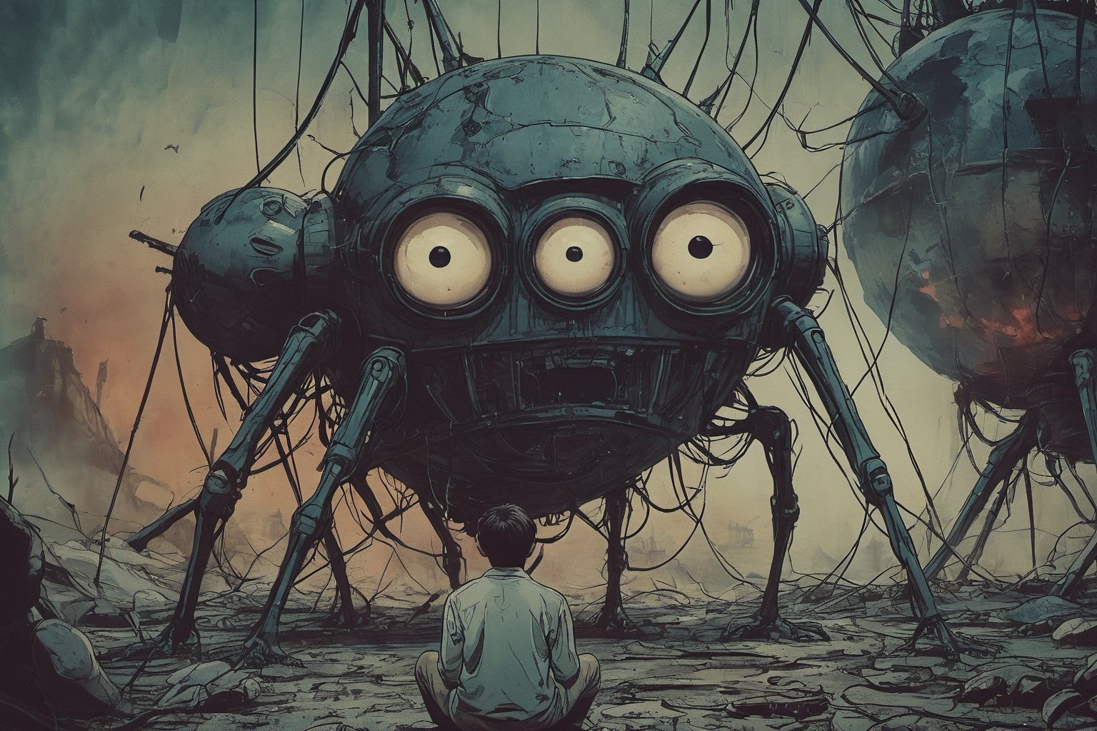 Closeup of a frightened narrator of War of the World, eyes wide open, Looking at a Martian Tripod with three legs