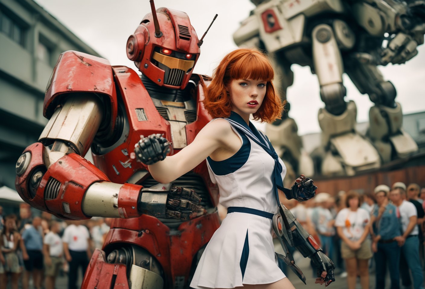 Dutch Angle Girl fighting a Giant robot.BREAKPhoto of a redhead woman with shoulder-length hair and bang, wearing sailor fuku, red wristbands. fighting a Robot.  style by J.C. Leyendecker. Canon 5d Mark 4, Kodak Ektar, 35mm, raw file