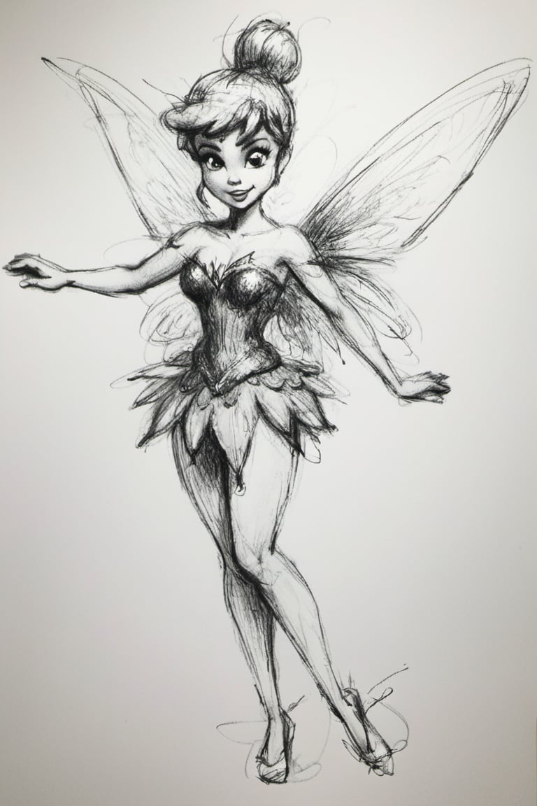 Disney Tinkerbell, full body, charcoal rough sketch