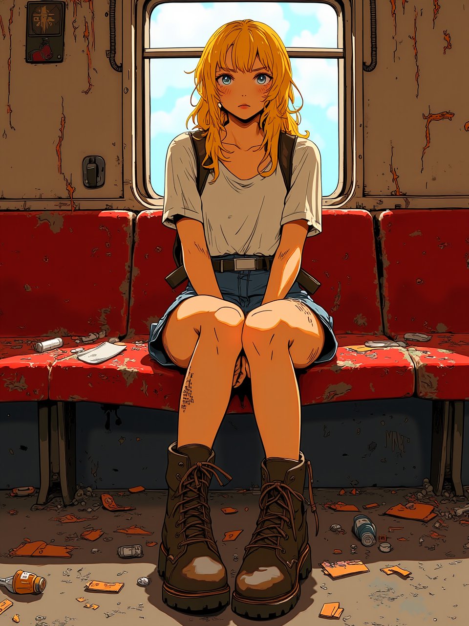 Anime style by Masamune Shirow. A blonde woman, sitting on train, red interior, rust, garbage on the floor, broken bottles.  She wear a backpack and hicking boots.