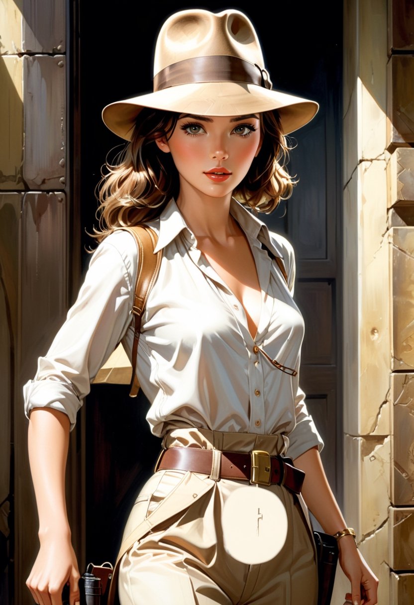 Art work. Woman dressed as Indiana Jones,  with fedora hat, art by Makoto Shinkai, art by J.C. Leyendecker, Canon 5d Mark 4, Kodak Ektar