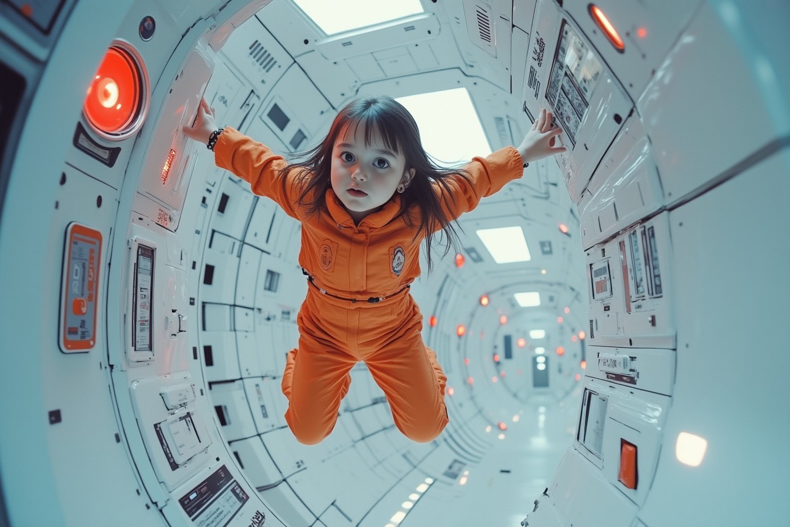 1girl, aime, Wide angle shot of a girl, dressed in a vibrant orange space uniform, is carefully re-enacting the iconic scene from 2001: A Space Odyssey where the astronaut deactivates HAL 9000. Floating weightless Inside a sleek, futuristic spacecraft, she methodically removes the components of the HAL 9000 interface, one piece at a time. The setting is tense and sterile, with bright lighting reflecting off the white sterile surfaces, capturing the eerie, unsettling atmosphere of the original scene. The red glow of HAL's eye slowly fades as the scene unfolds, highlighting the dramatic tension between human and machine.