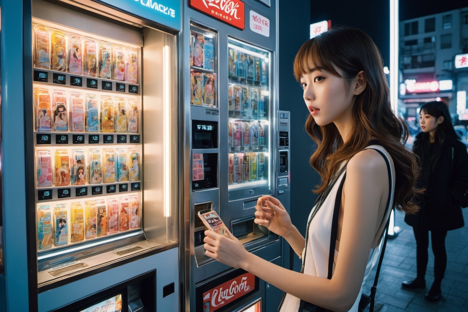 Photo of a young Japanese woman being sold from a futuristic, high-tech vending machine. The vending machine is filled with various female figures, each representing a different type of companion. Style by J.C. Leyendecker, Canon 5d Mark 4, Kodak Ektar, neon light