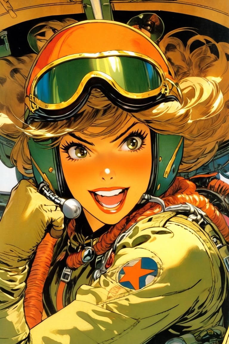 Anime Network, Female WW2 Pilot, bored expression, yawning, sitting inside fighter airplane, art by Masamune Shirow, art by J.C. Leyendecker. Anime style, key visual, vibrant, studio anime