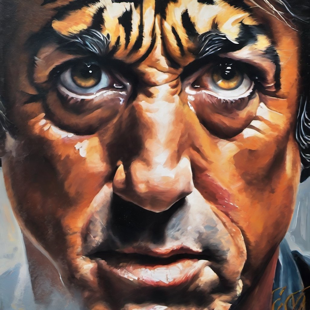 Oil painting. Movie Poster, centered split face, visual face split, face of tiger. face of Sylvester Stallone as Rocky