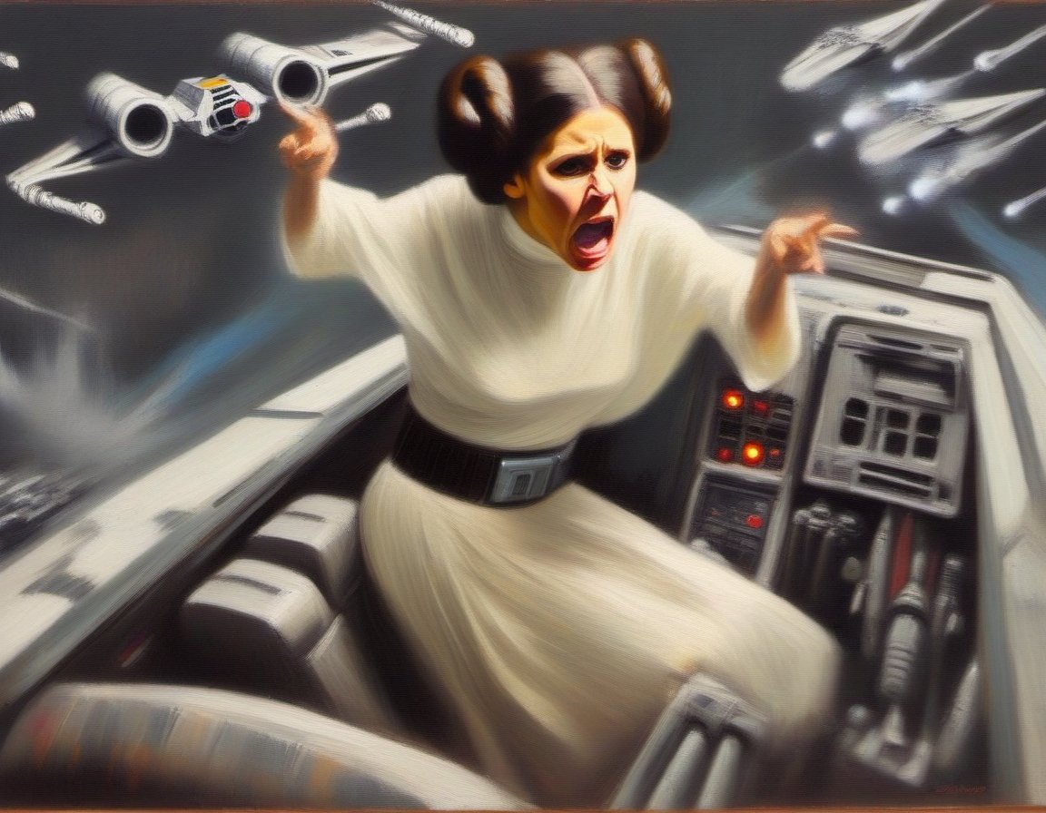 Abstract Oil Paiting. Princess Leia Piloting X-wing fighter during a battle, she is shouting angrily. art by Picasson. MoDernart