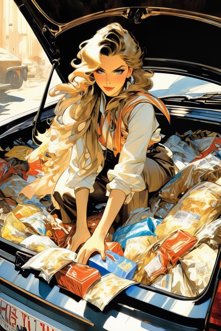 anime artwork, open trunk of a car, filled with trash, Woman, long hair, art by J.C. Leyendecker, anime style, key visual, vibrant, studio anime, highly detailed