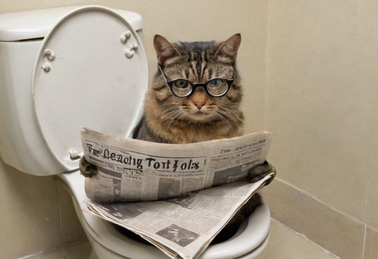 Photo of a cat, wearing bifocals, reading newspaper, sitting on a toilet