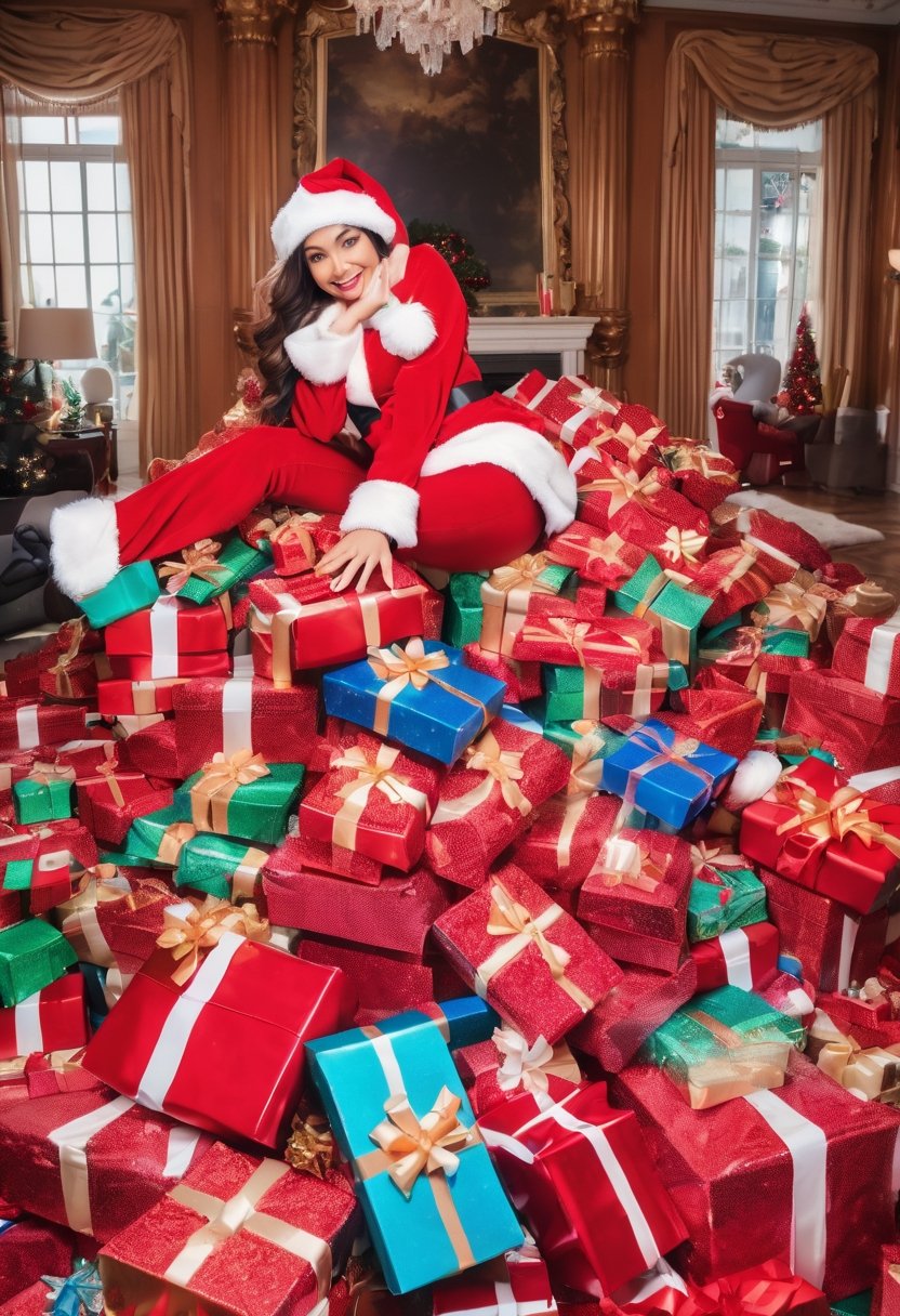 Woman wearing Santa hat, laying down on her back in a giant pile of presents, in a mansion